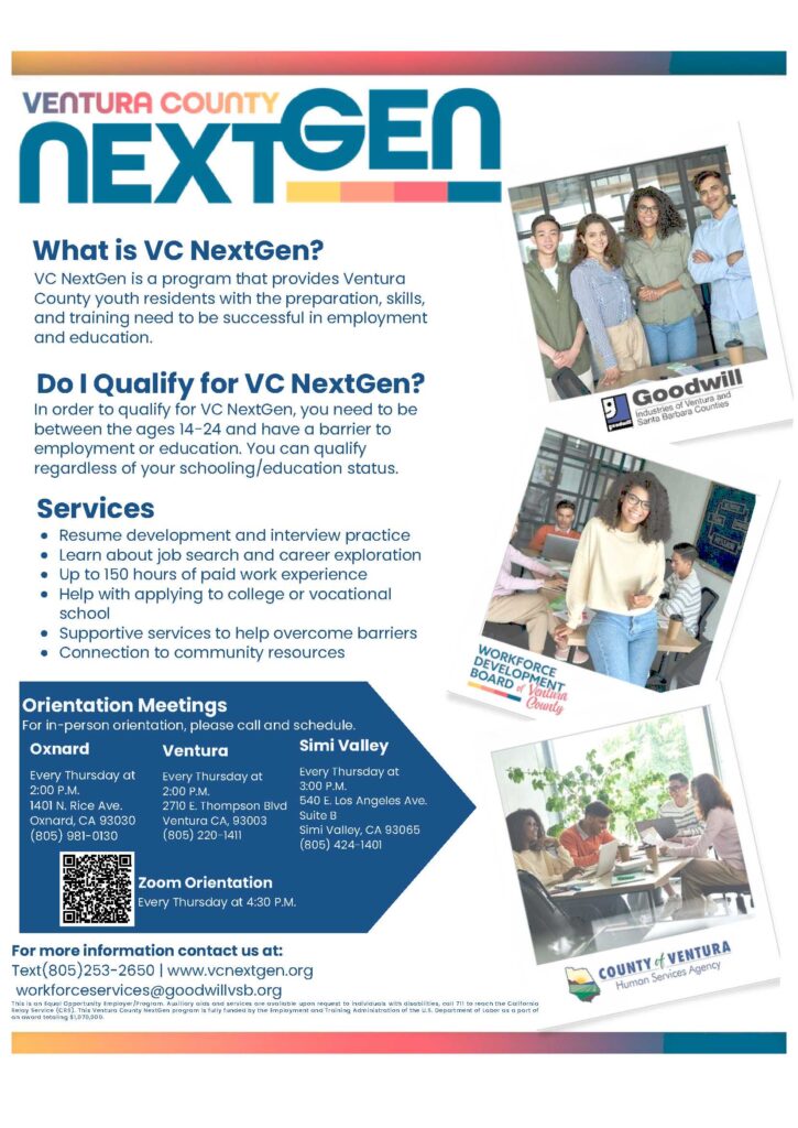 VenturaNextGen job training recruitment flyer with program details. Images of diverse young professionals smiling in office setting.