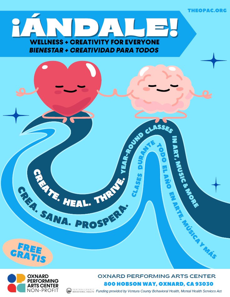Cartoon characters of a heart and brain in a yoga post smiling on a dark and light blue flyer with program event details.