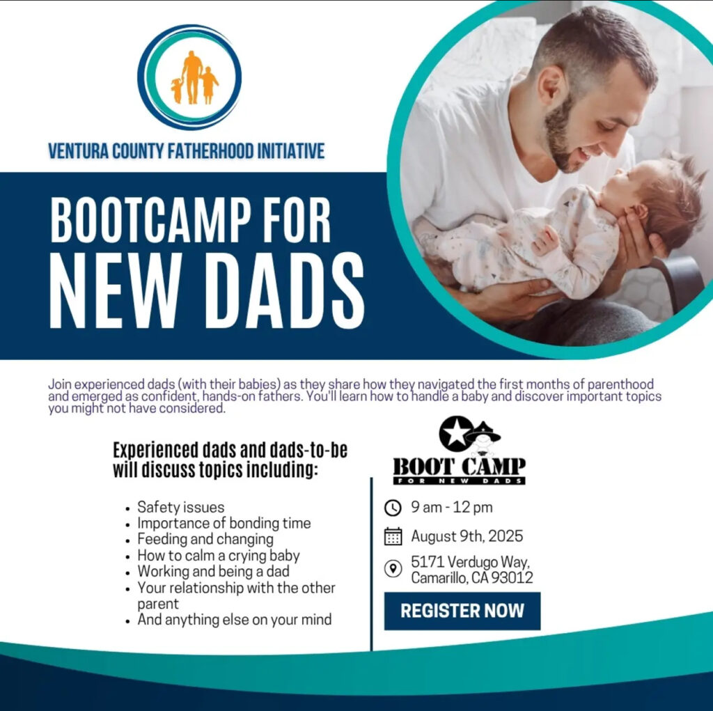 Event flyer detailing time date and location. Portrait of a smiling father holding baby in hands.