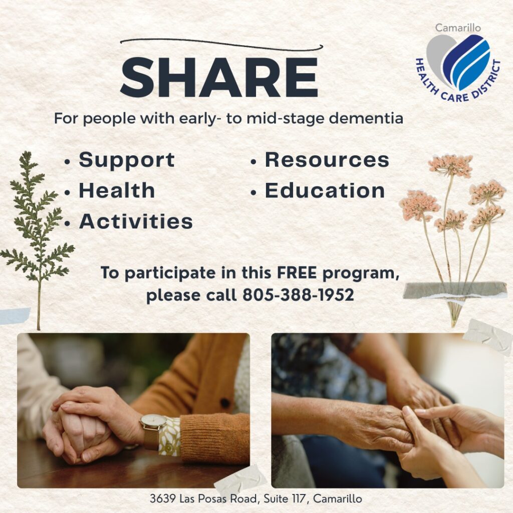 SHARE program flyer with program details. Two images of people holding hands as one is consoling the other.