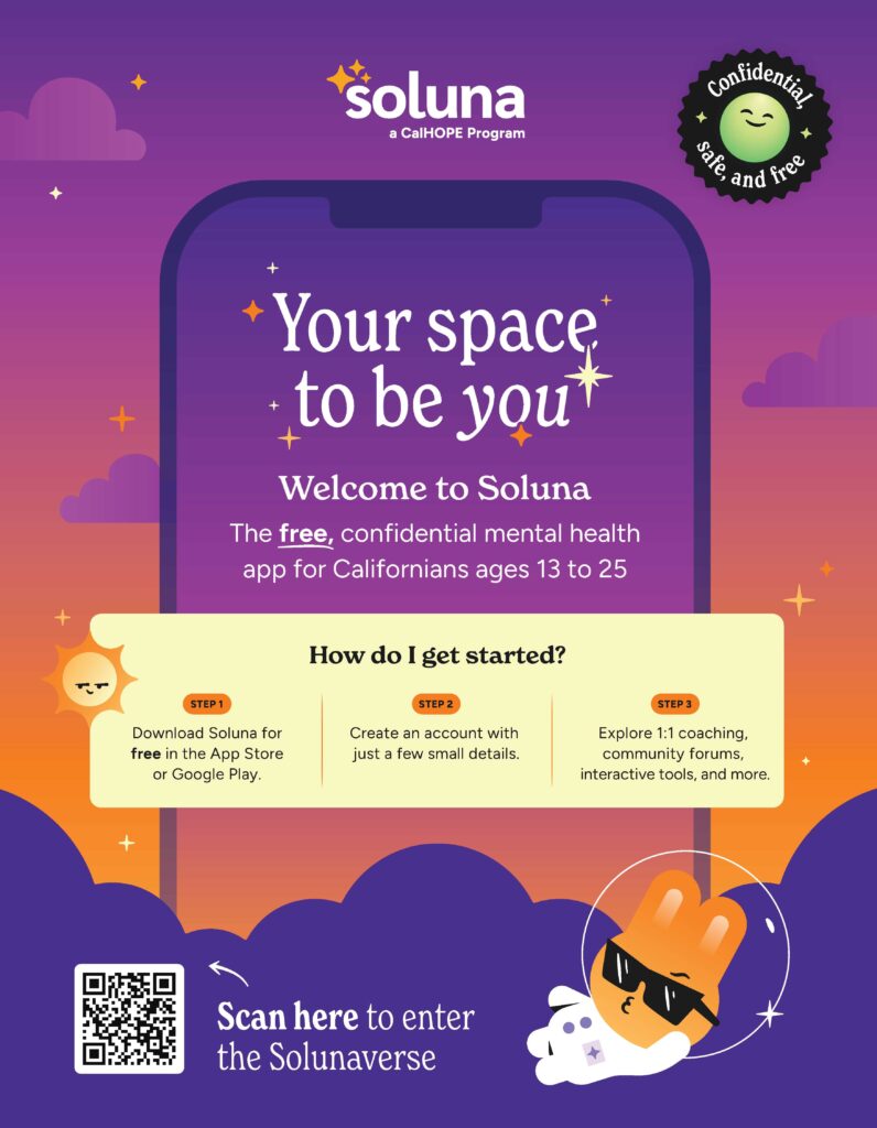 Soluna poster with gradient purple orange colors with program text. A cartoon rabbit in an astronaut suit with black glasses laying down.