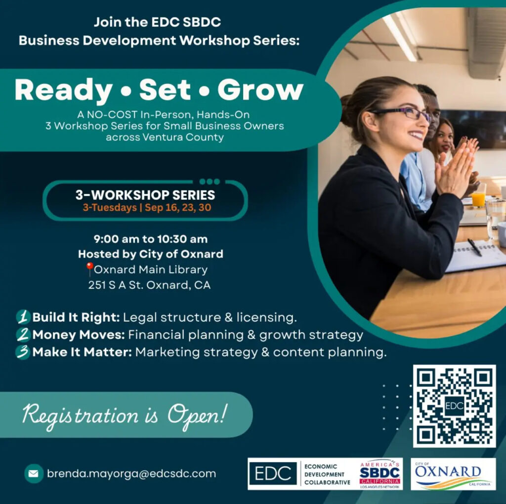Portrait of a business people smiling in a workshop room layout clapping hands at the presenter. Event flyer in teal and blue shades with white font detailing date, time, and location.