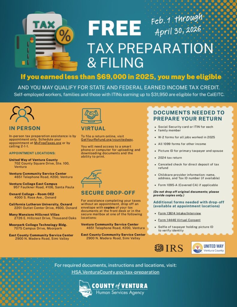 Flier with information on free tax preparation and filing.